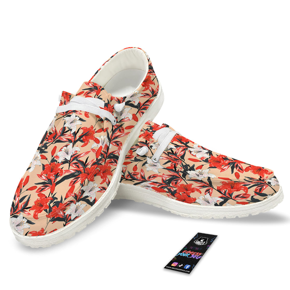 Flowers Lily Watercolor Print Pattern White Loafers-grizzshop