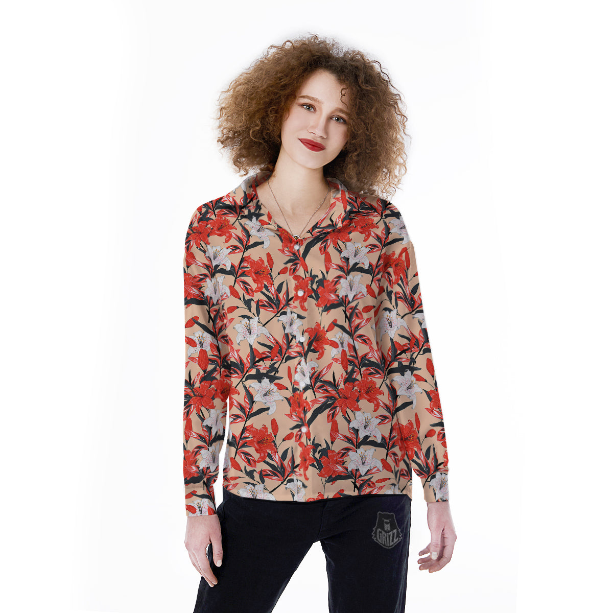 Flowers Lily Watercolor Print Pattern Women's Long Sleeve Shirts-grizzshop