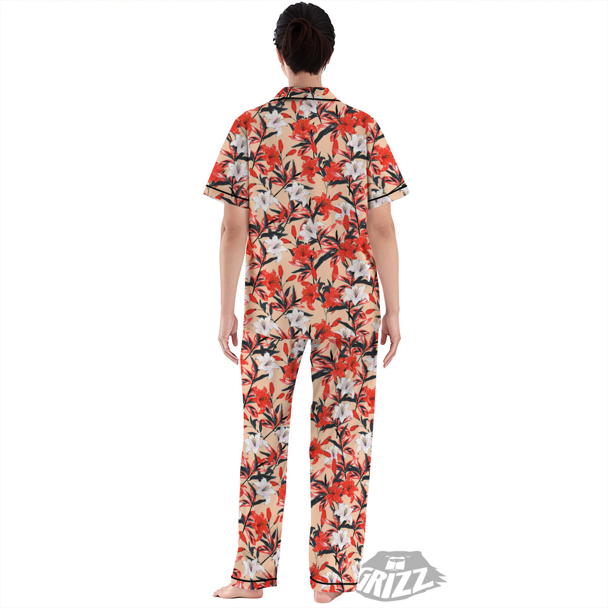Flowers Lily Watercolor Print Pattern Women's Pajamas Set-grizzshop
