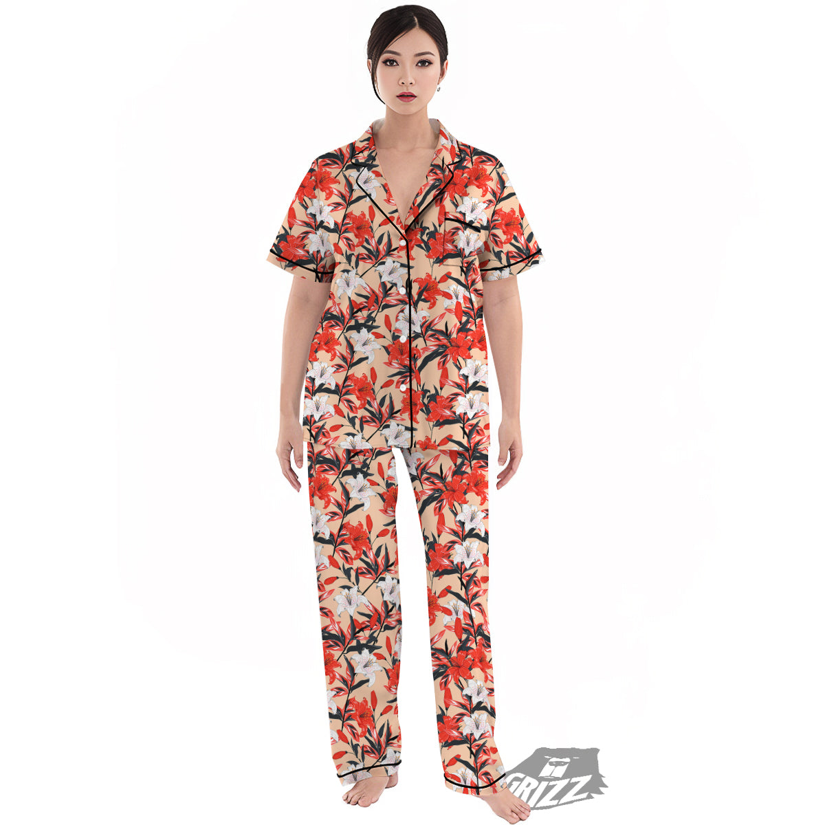 Flowers Lily Watercolor Print Pattern Women's Pajamas Set-grizzshop