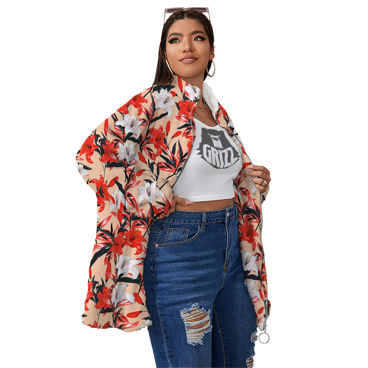 Flowers Lily Watercolor Print Pattern Women's Sherpa Jacket-grizzshop