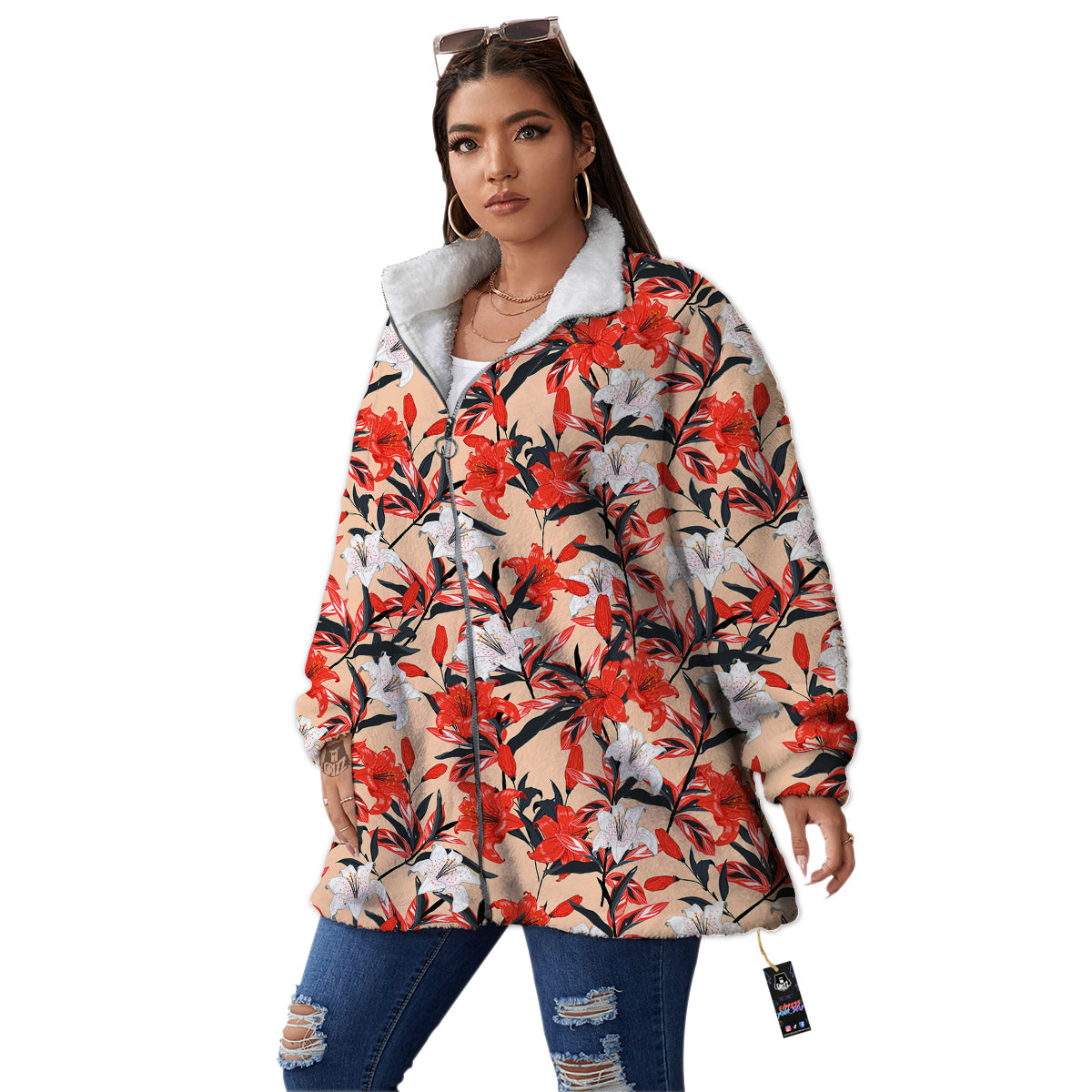 Flowers Lily Watercolor Print Pattern Women's Sherpa Jacket-grizzshop