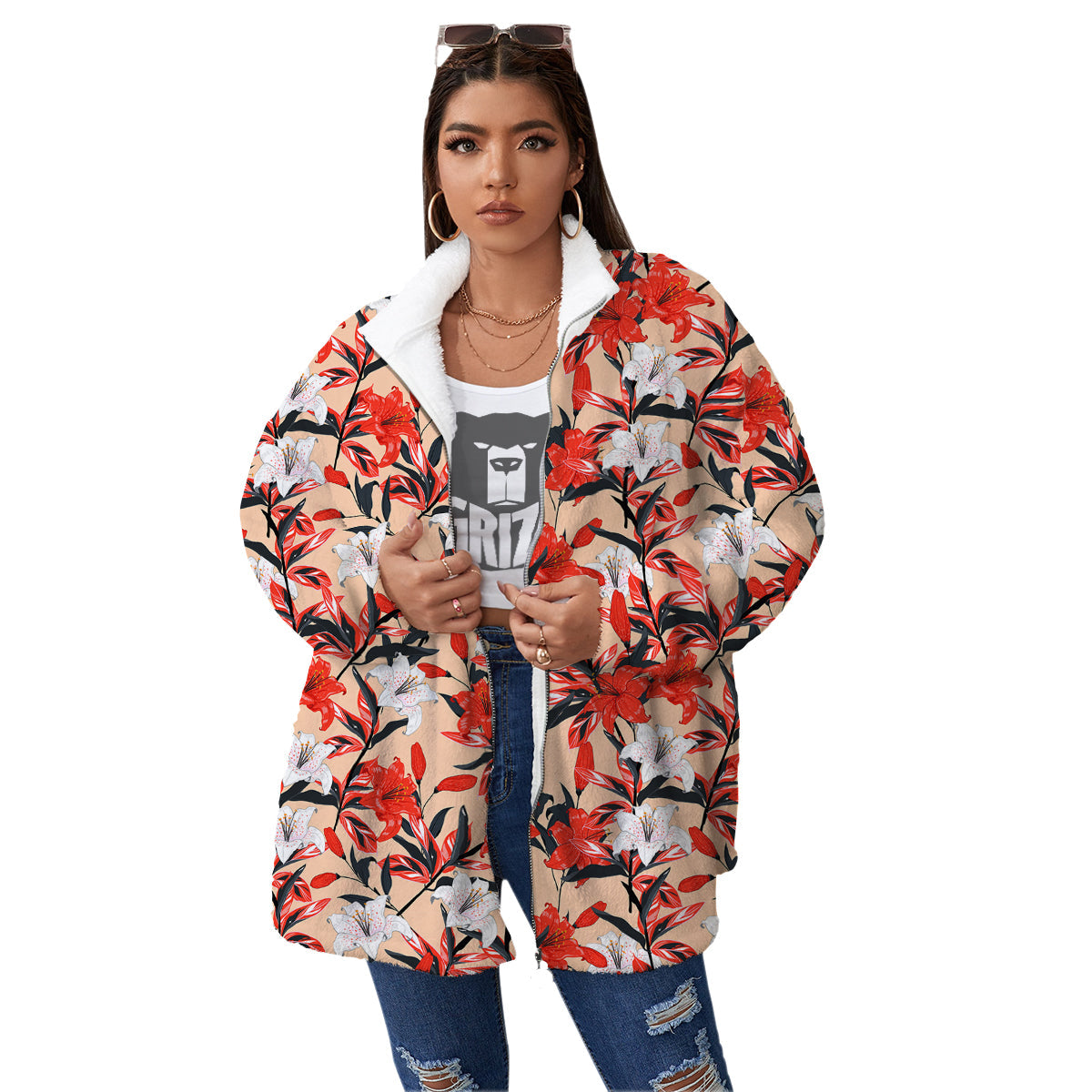 Flowers Lily Watercolor Print Pattern Women's Sherpa Jacket-grizzshop