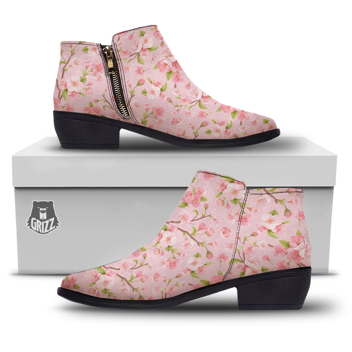 Flowers Pink Print Pattern Ankle Boots-grizzshop