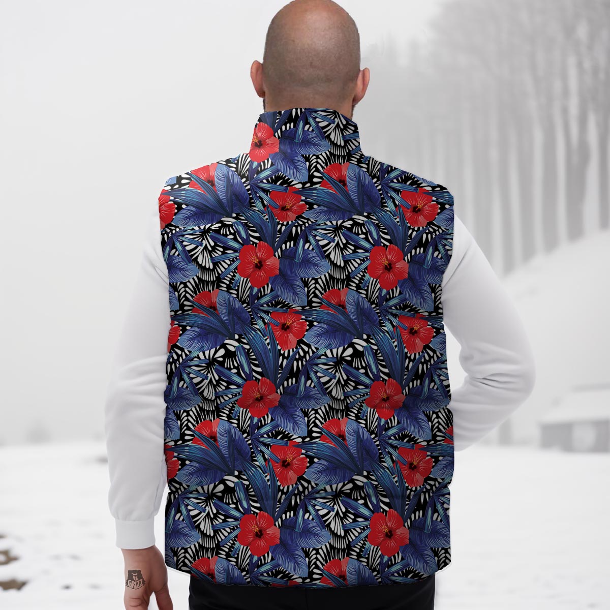 Flowers Red Hibiscus Print Pattern Down Vest