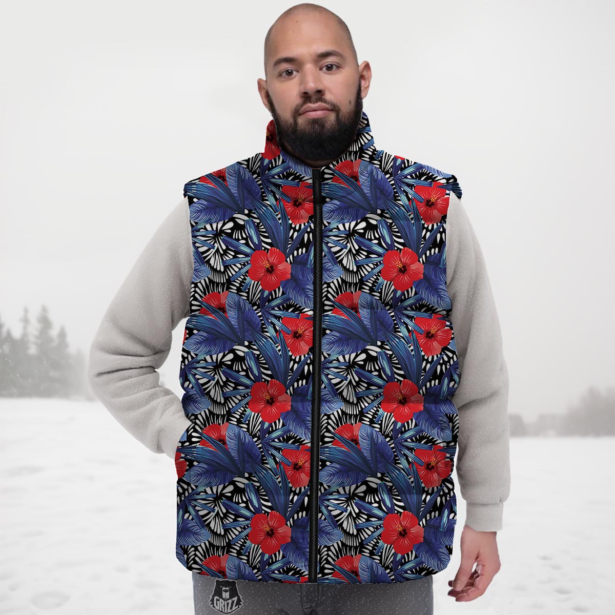 Flowers Red Hibiscus Print Pattern Down Vest