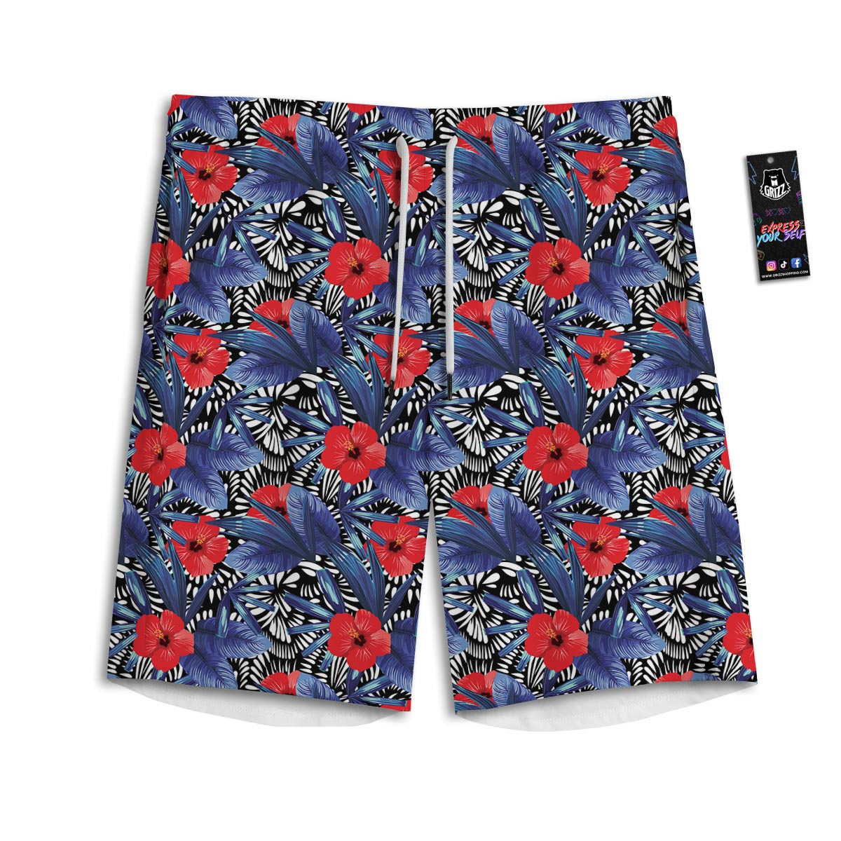 Flowers Red Hibiscus Print Pattern Men's Athletic Shorts