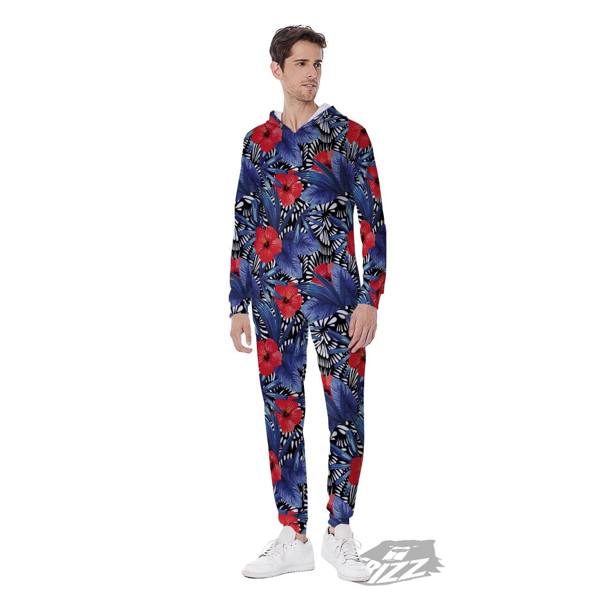 Flowers Red Hibiscus Print Pattern Men's Jumpsuit-grizzshop