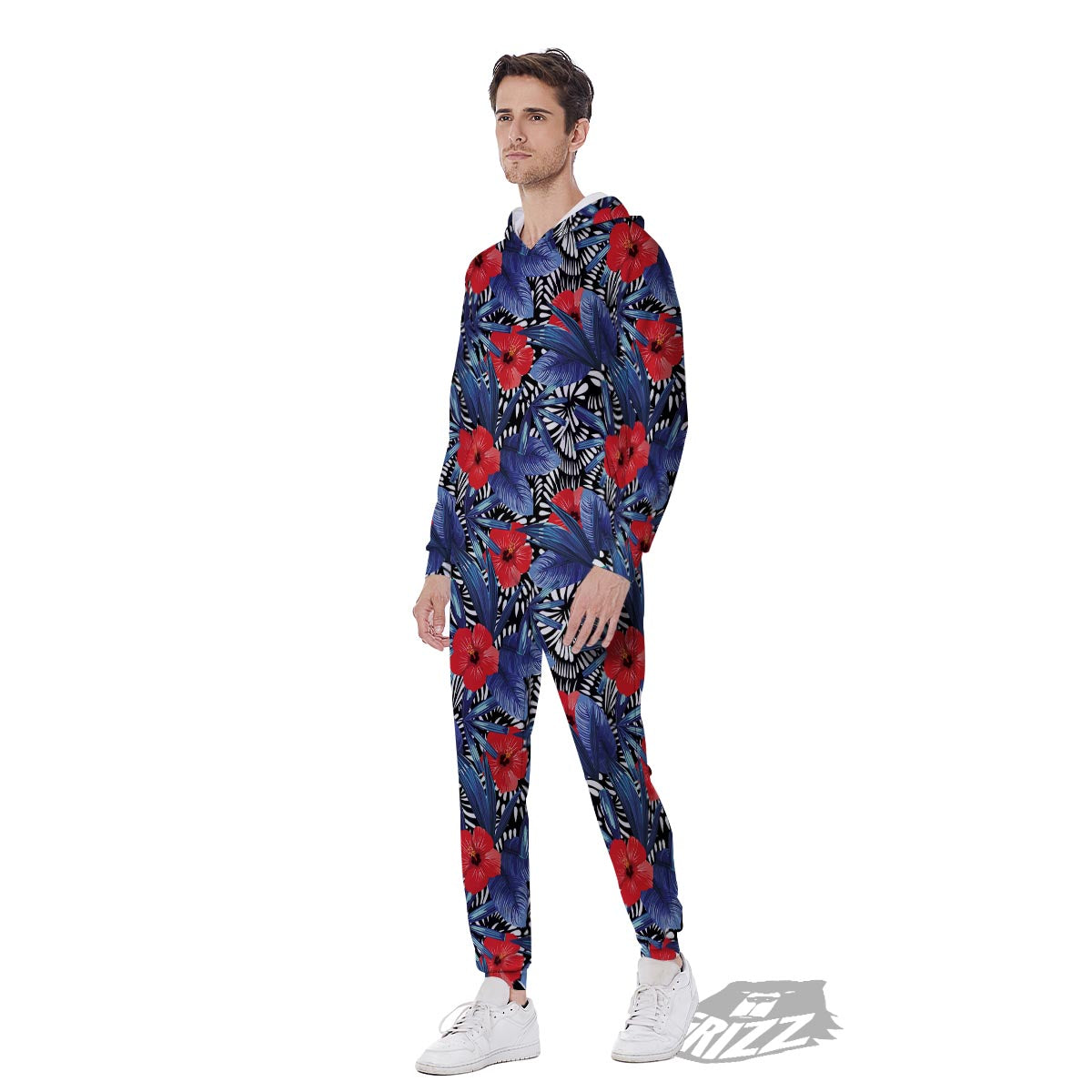 Flowers Red Hibiscus Print Pattern Men's Jumpsuit-grizzshop