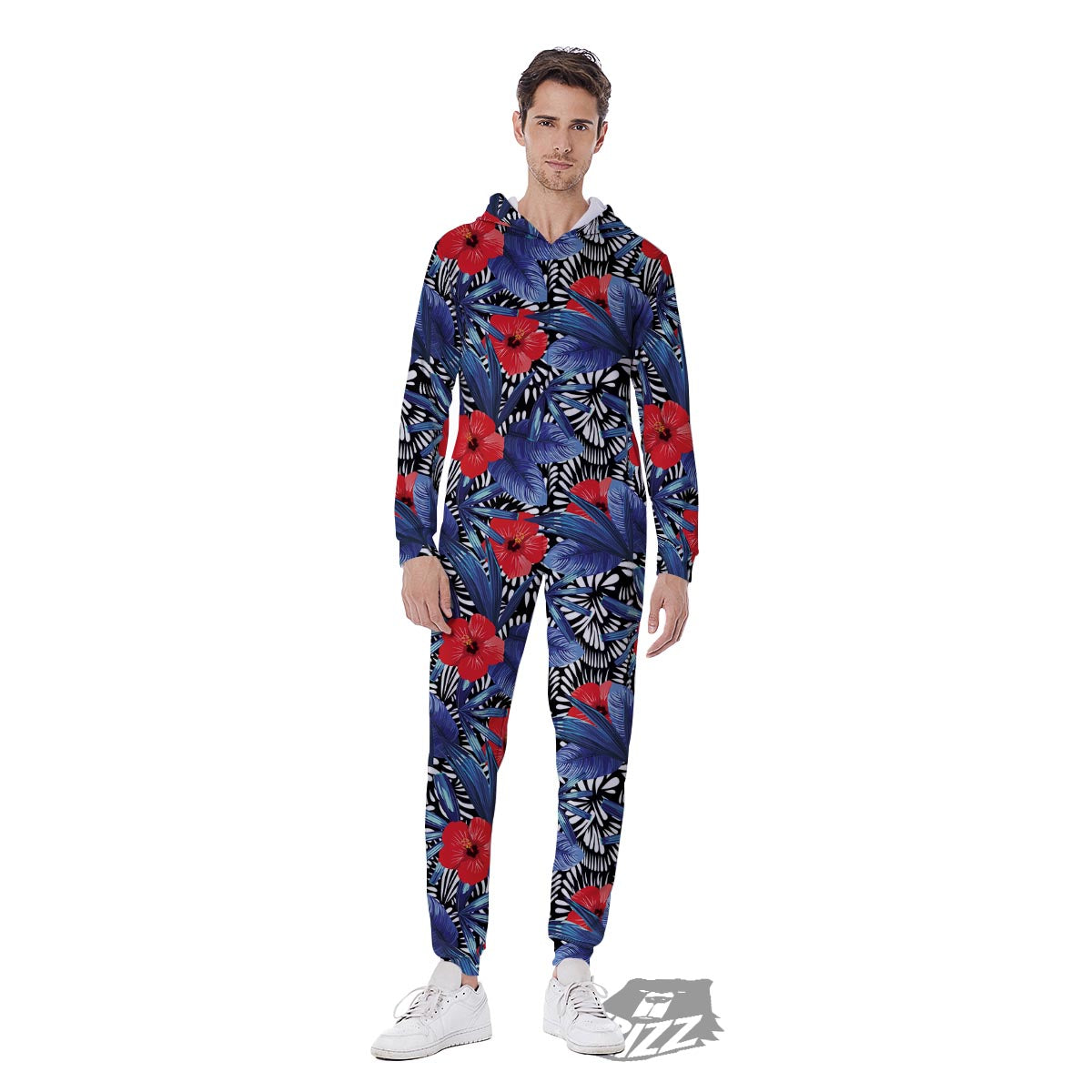 Flowers Red Hibiscus Print Pattern Men's Jumpsuit-grizzshop