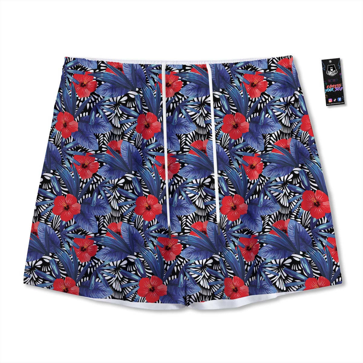 Flowers Red Hibiscus Print Pattern Mesh Shorts