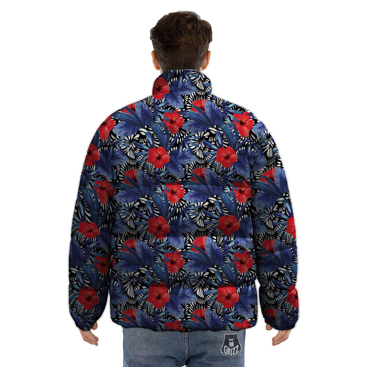 Flowers Red Hibiscus Print Pattern Puffer Jacket-grizzshop