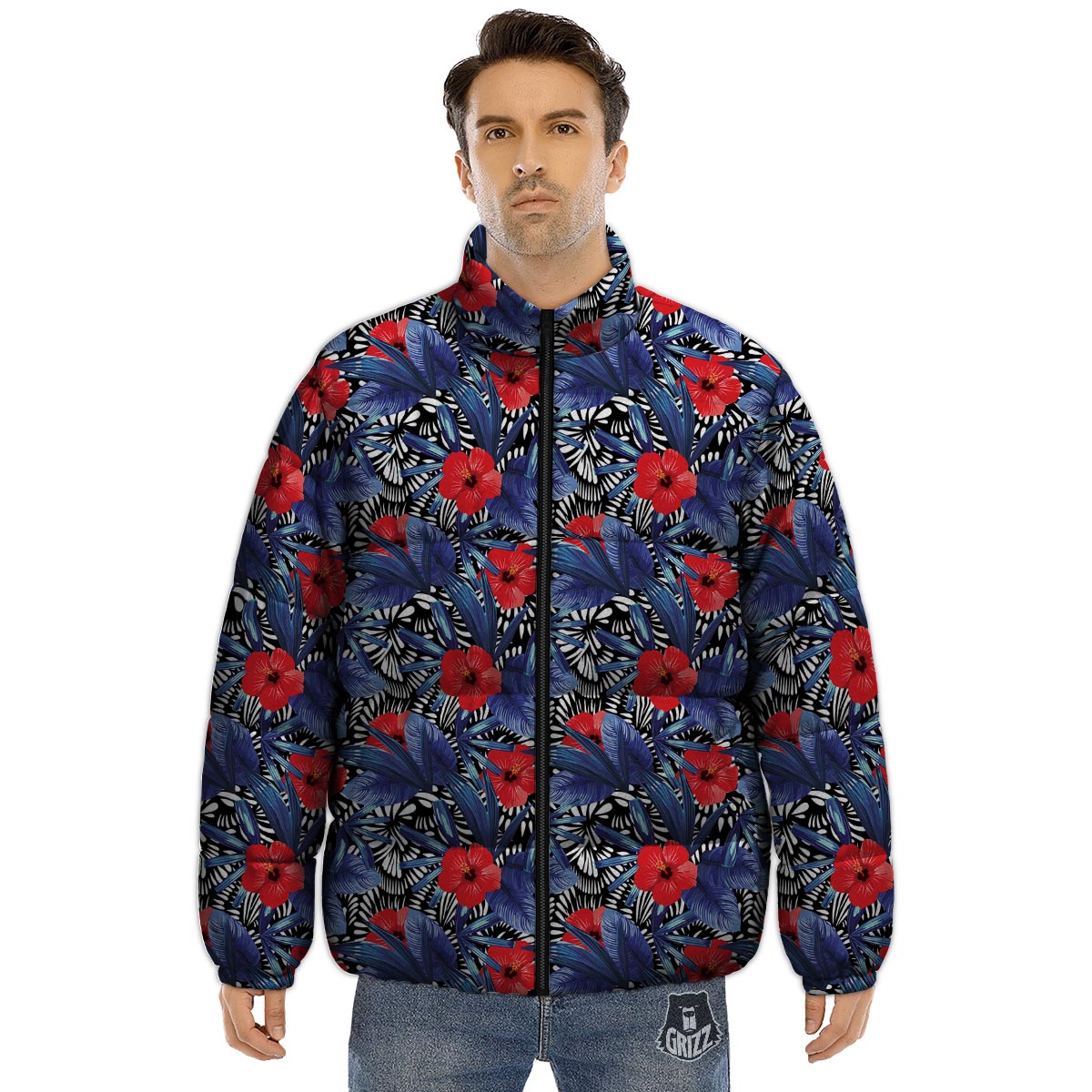 Flowers Red Hibiscus Print Pattern Puffer Jacket-grizzshop