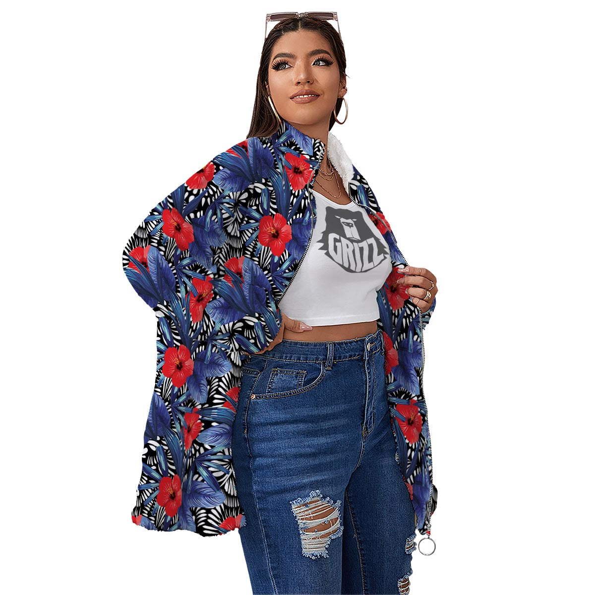 Flowers Red Hibiscus Print Pattern Women's Sherpa Jacket-grizzshop