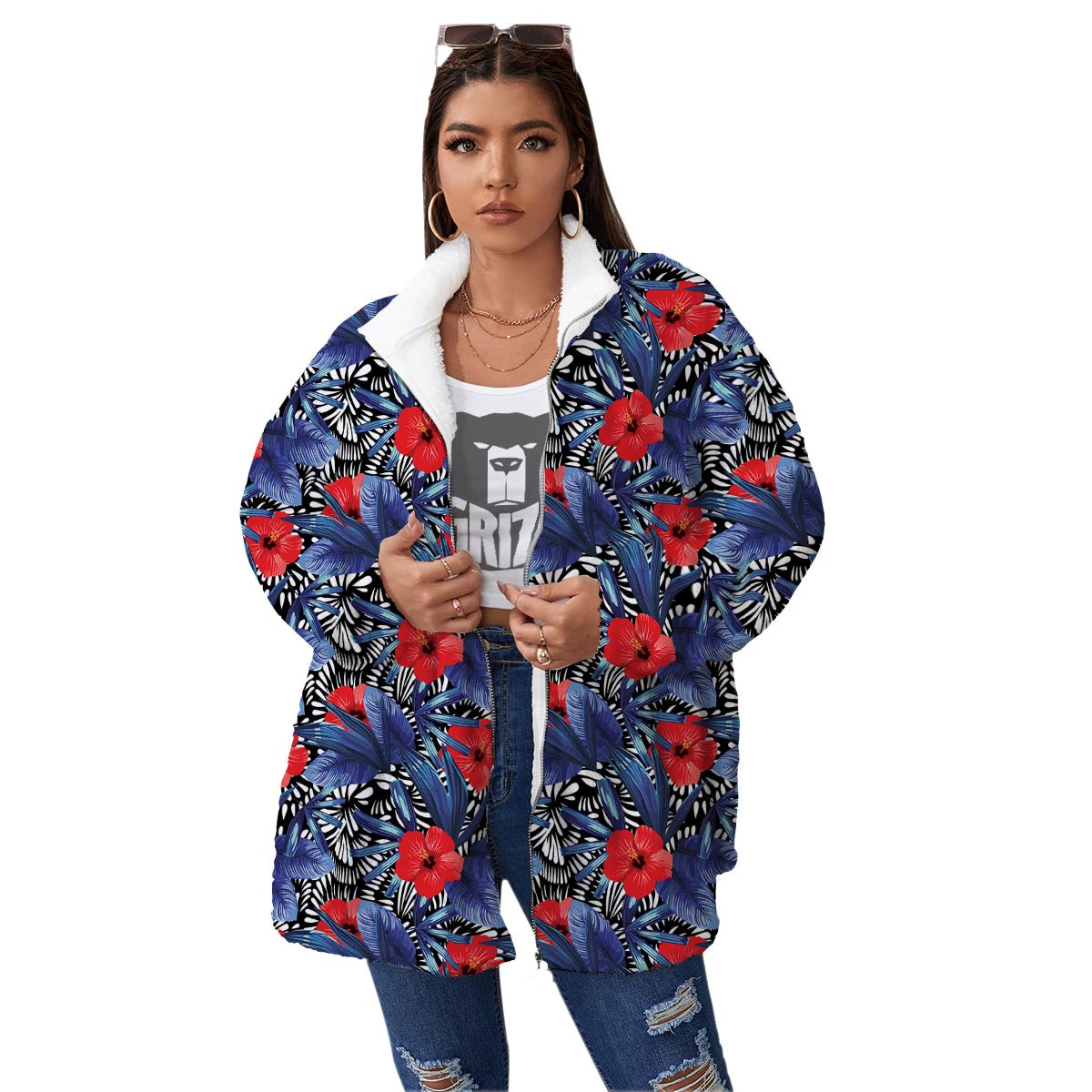 Flowers Red Hibiscus Print Pattern Women's Sherpa Jacket-grizzshop