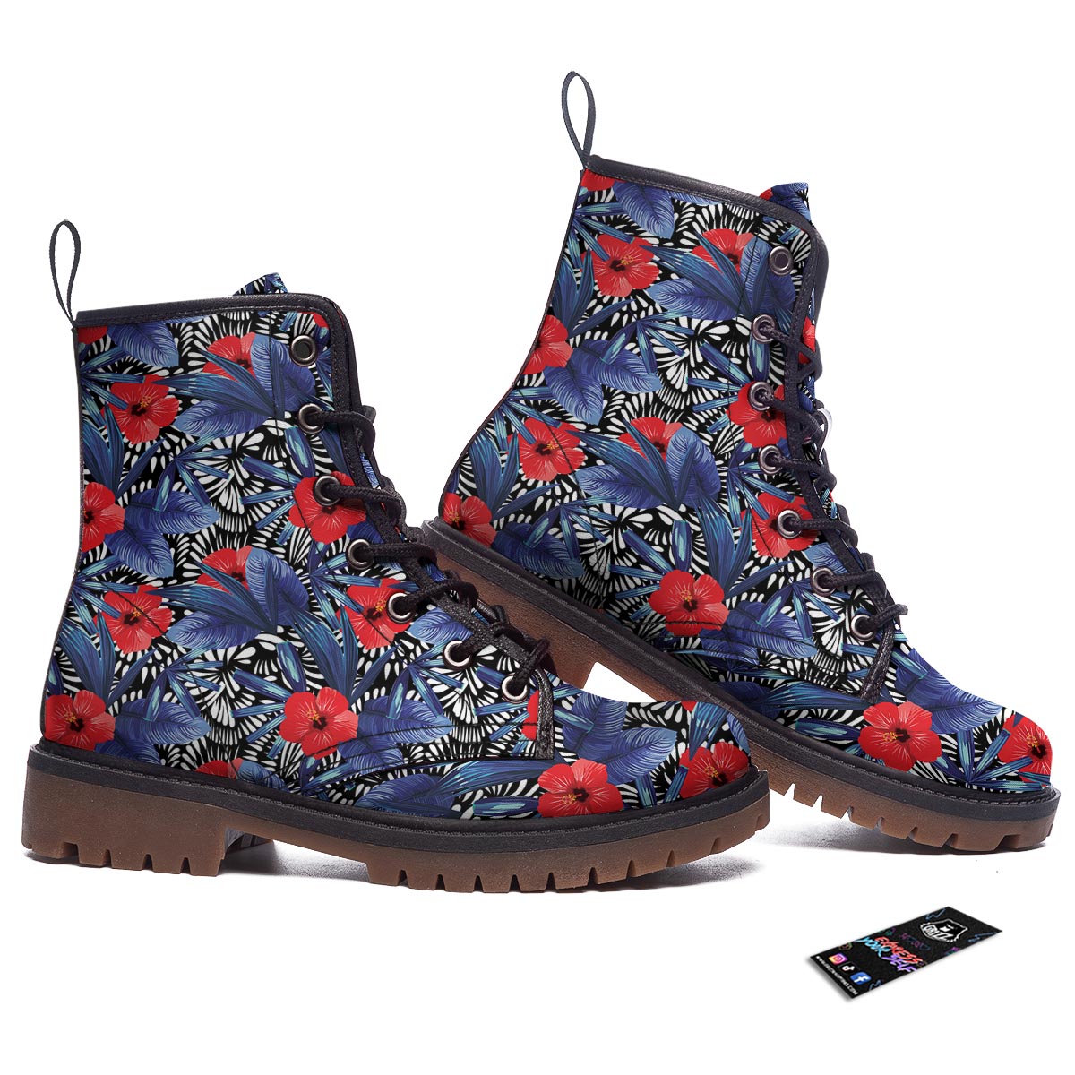 Flowers Red Hibiscus Print Pattern Work Boots-grizzshop