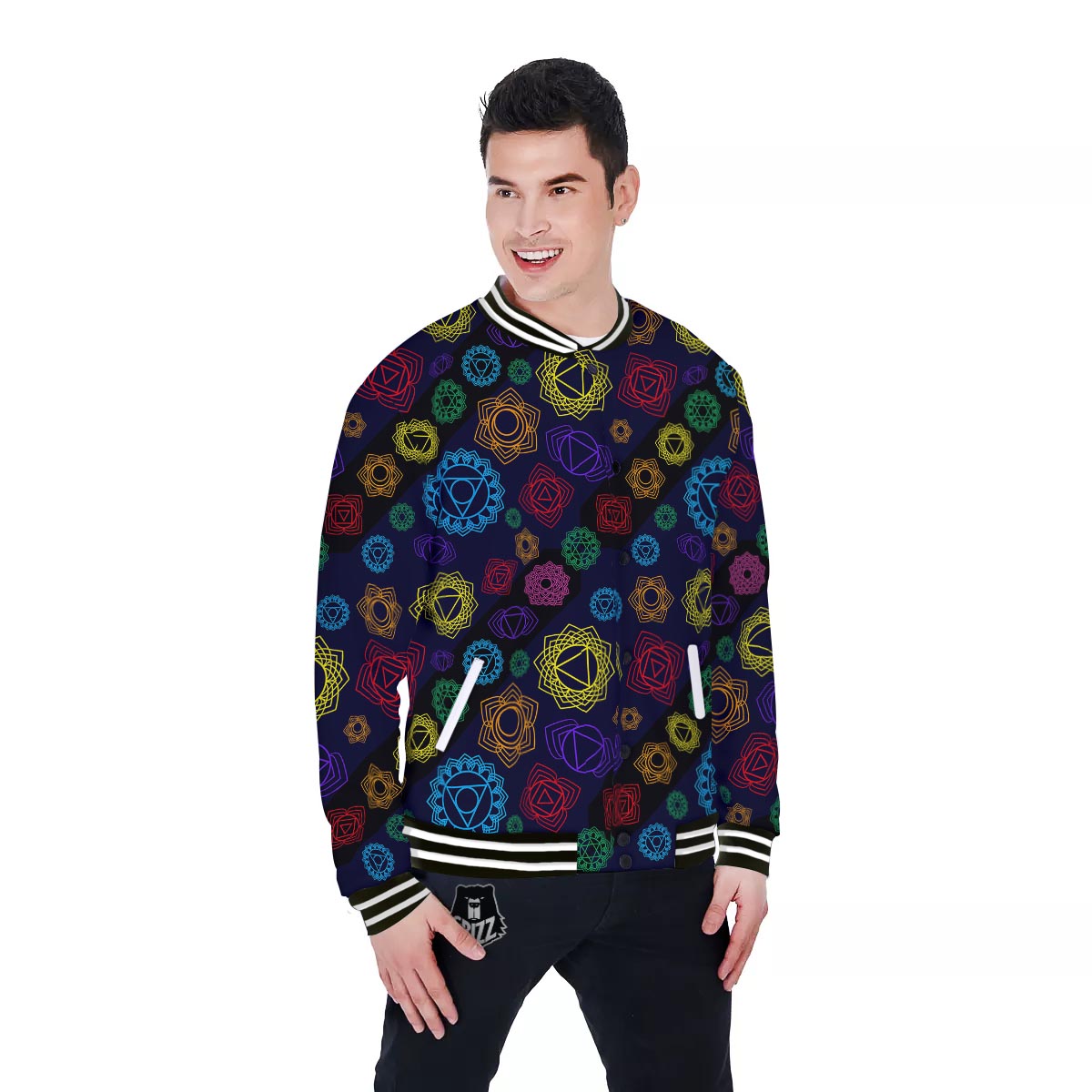 Flowers Seven Chakras Print Pattern Baseball Jacket-grizzshop