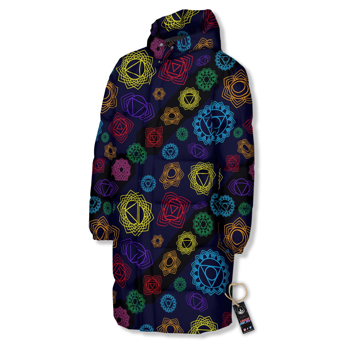 Flowers Seven Chakras Print Pattern Long Down Jacket-grizzshop