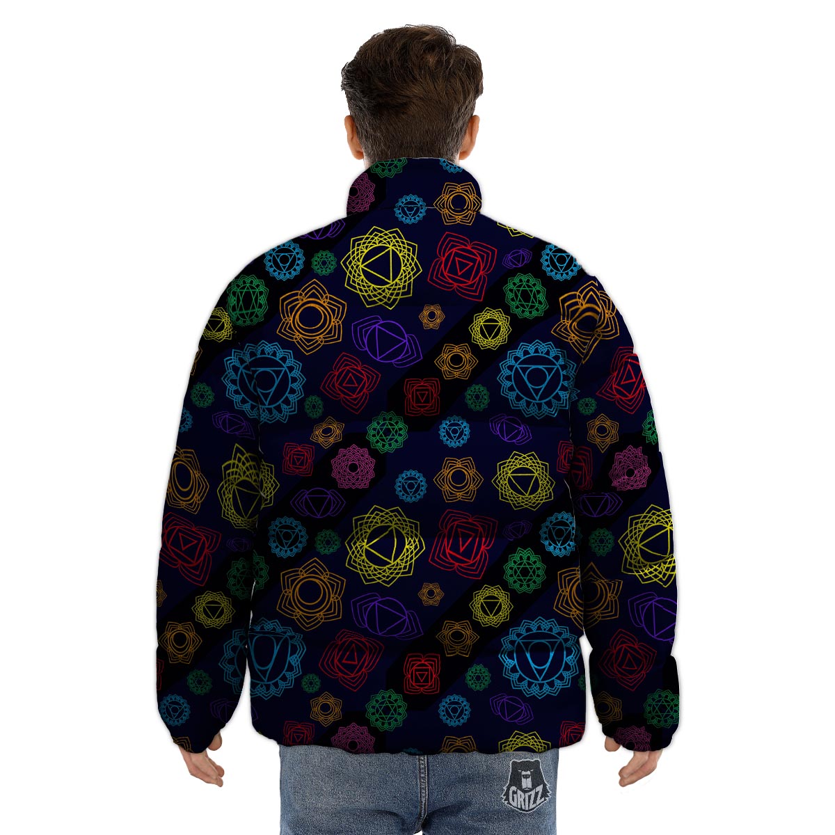 Flowers Seven Chakras Print Pattern Puffer Jacket-grizzshop