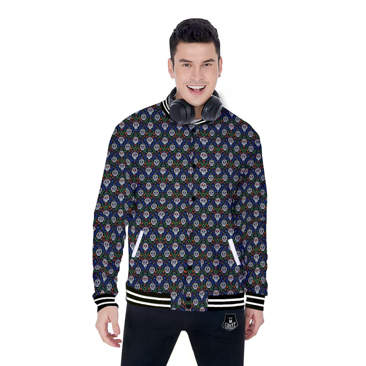 Flowers Skull Green Blue Print Pattern Baseball Jacket-grizzshop