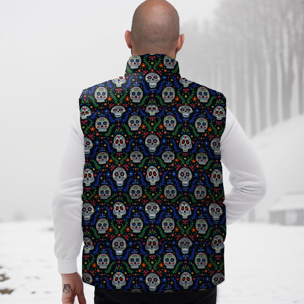 Flowers Skull Green Blue Print Pattern Down Vest-grizzshop
