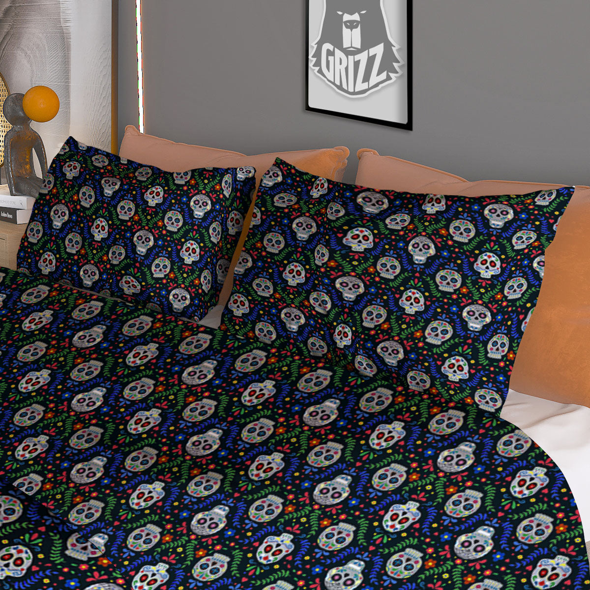 Flowers Skull Green Blue Print Pattern Duvet Cover Bedding Set