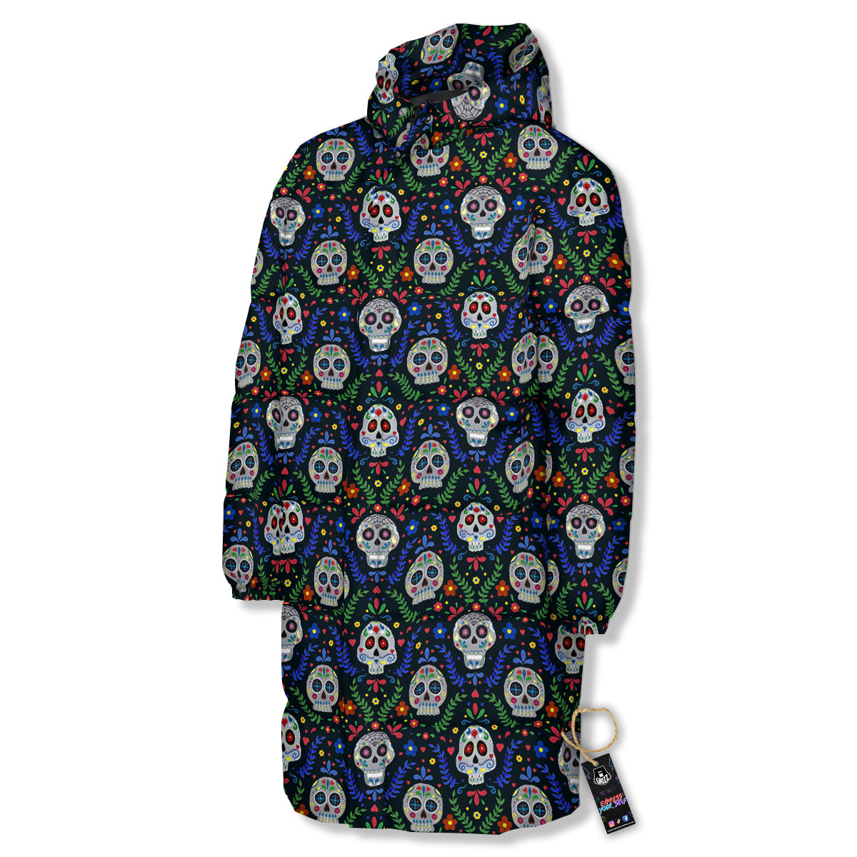 Flowers Skull Green Blue Print Pattern Long Down Jacket-grizzshop