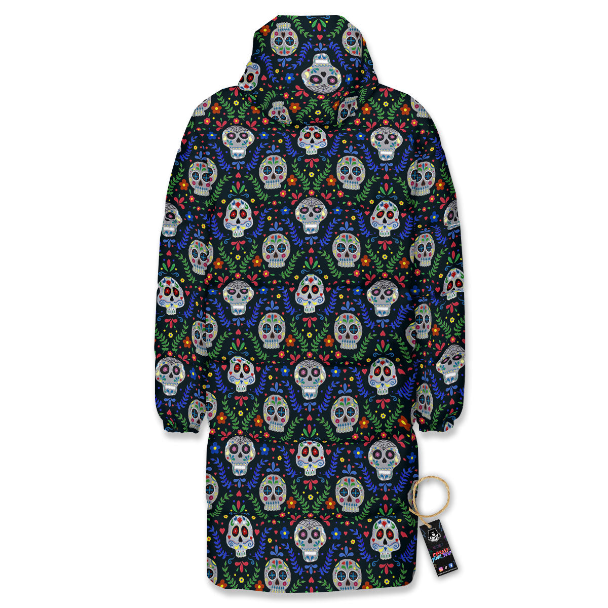 Flowers Skull Green Blue Print Pattern Long Down Jacket-grizzshop