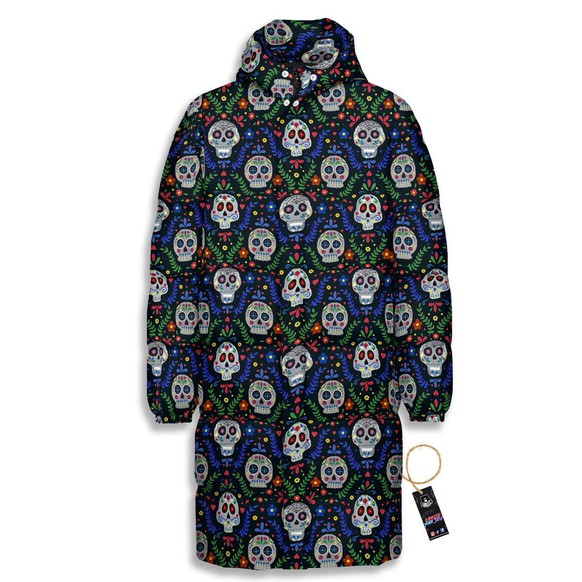 Flowers Skull Green Blue Print Pattern Long Down Jacket-grizzshop