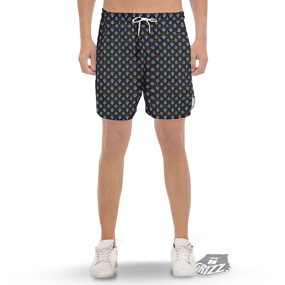 Flowers Skull Green Blue Print Pattern Men's Gym Shorts-grizzshop