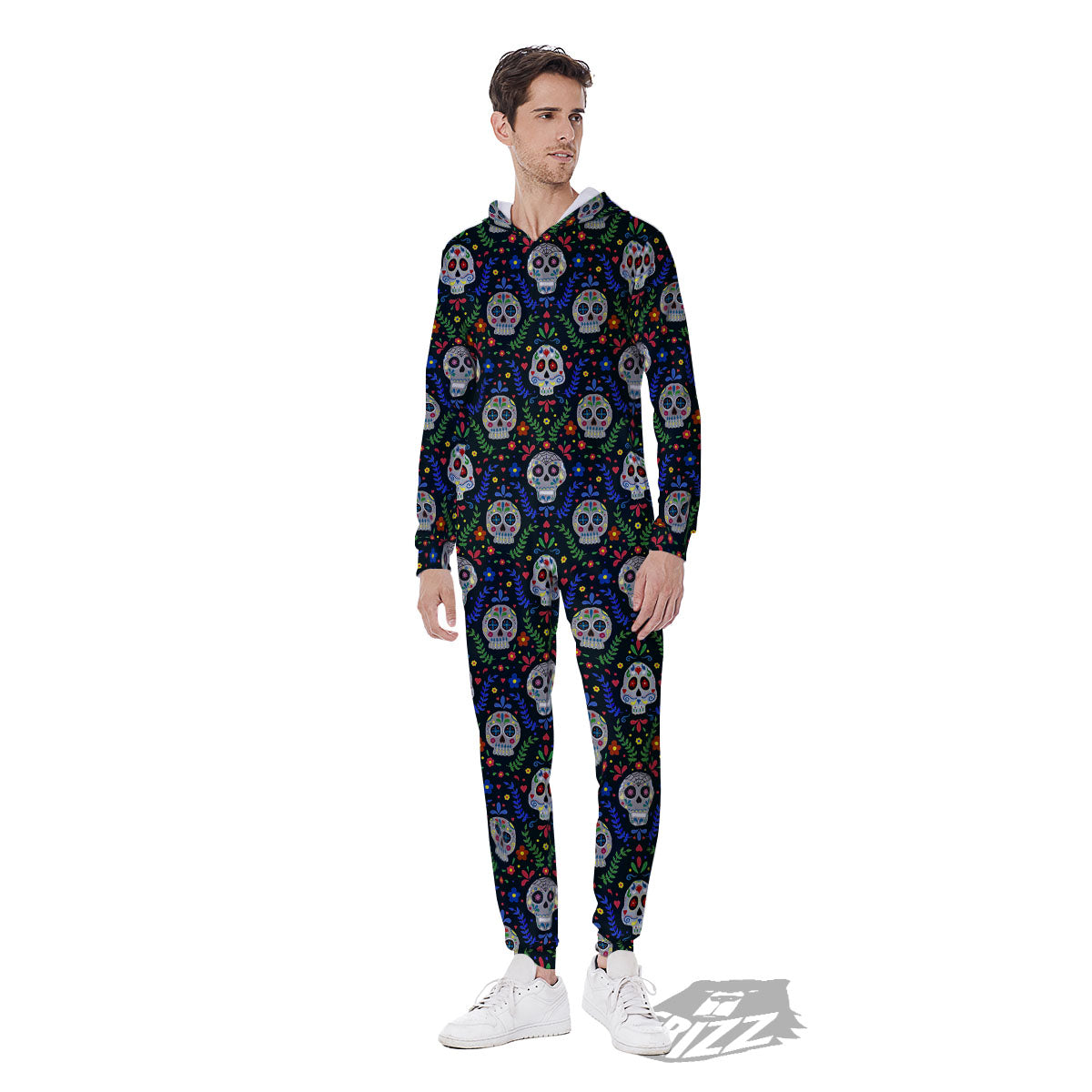Flowers Skull Green Blue Print Pattern Men's Jumpsuit-grizzshop