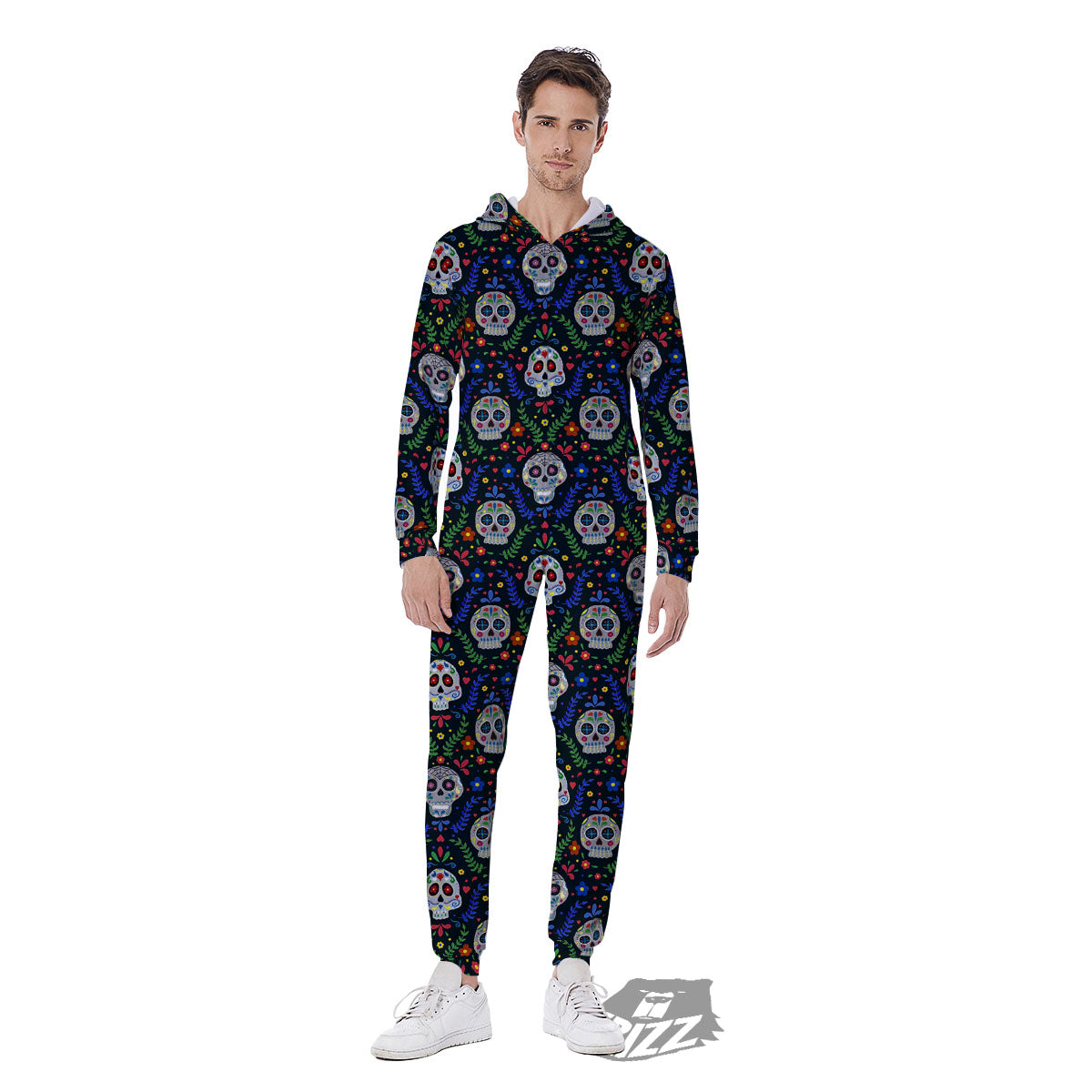 Flowers Skull Green Blue Print Pattern Men's Jumpsuit-grizzshop