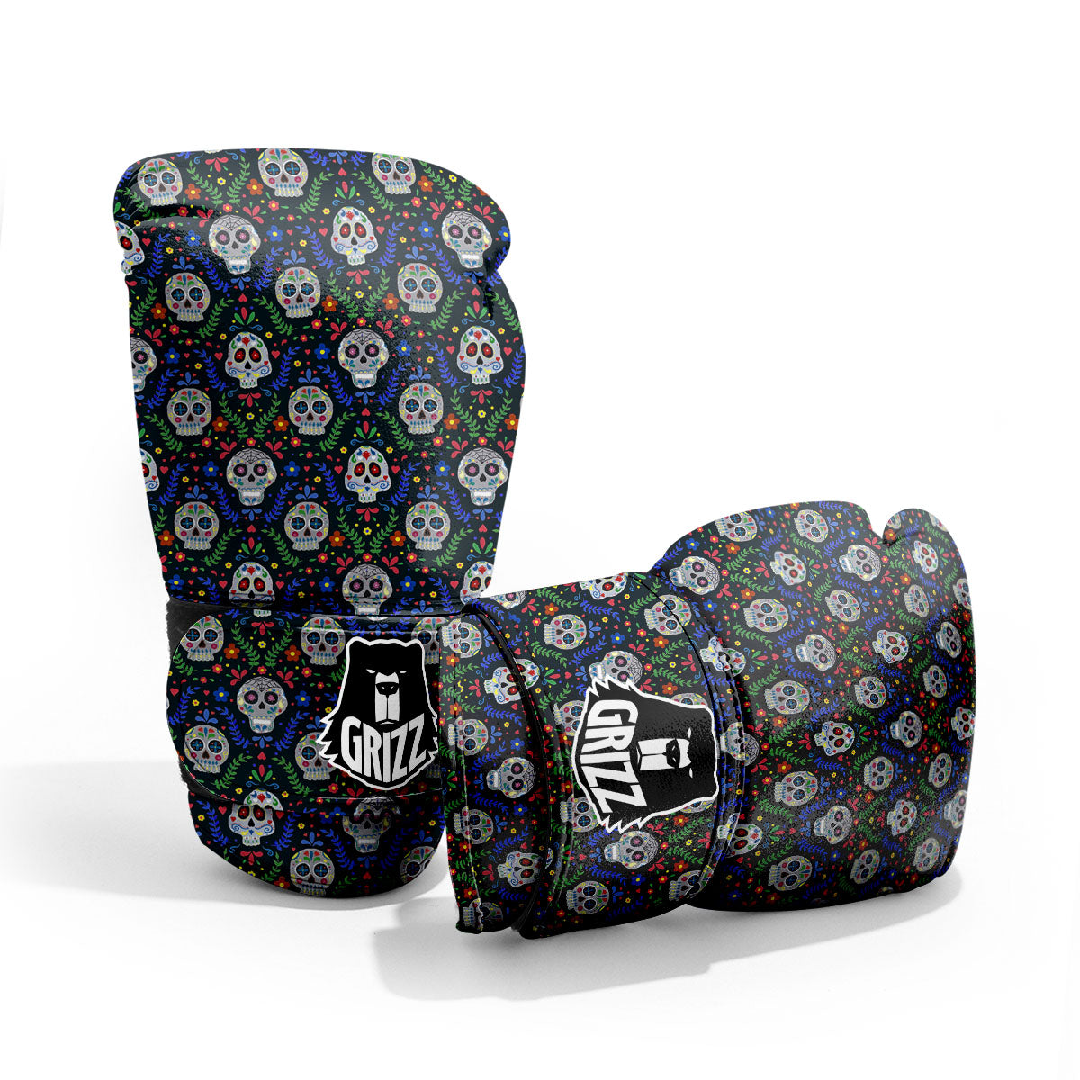 Flowers Skull Green Blue Print Pattern Sparring Gloves-grizzshop