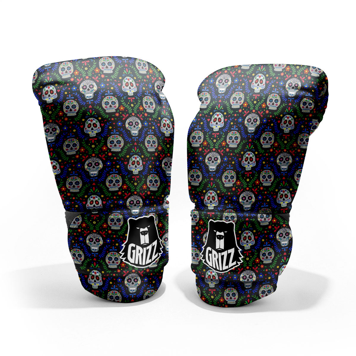 Flowers Skull Green Blue Print Pattern Sparring Gloves-grizzshop