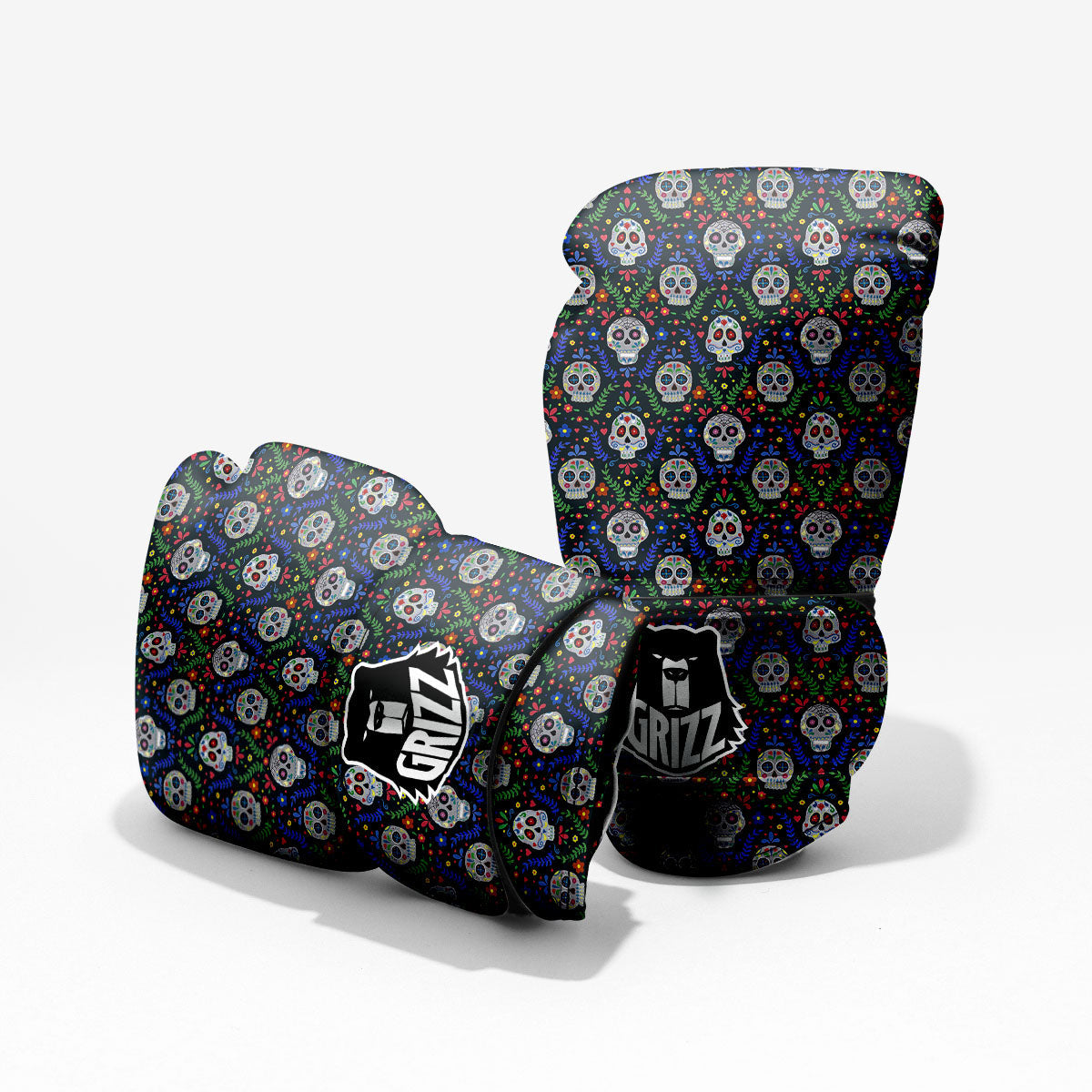 Flowers Skull Green Blue Print Pattern Sparring Gloves-grizzshop