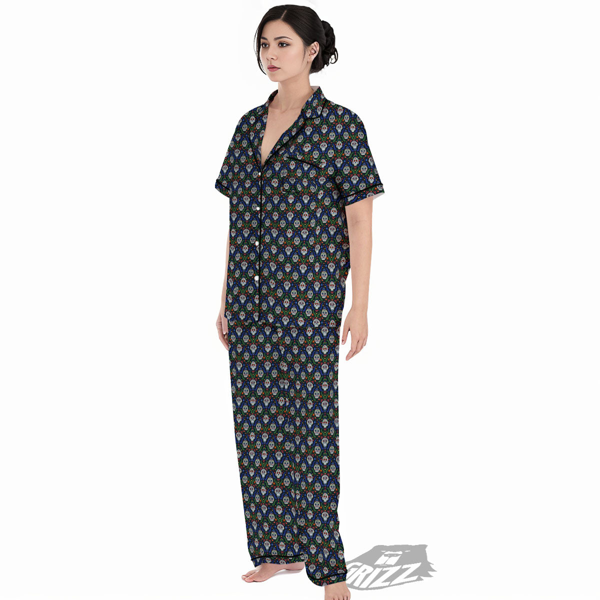 Flowers Skull Green Blue Print Pattern Women's Pajamas Set-grizzshop