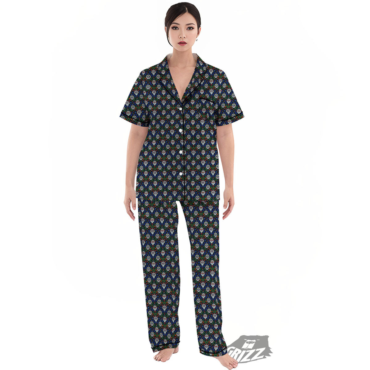 Flowers Skull Green Blue Print Pattern Women's Pajamas Set-grizzshop