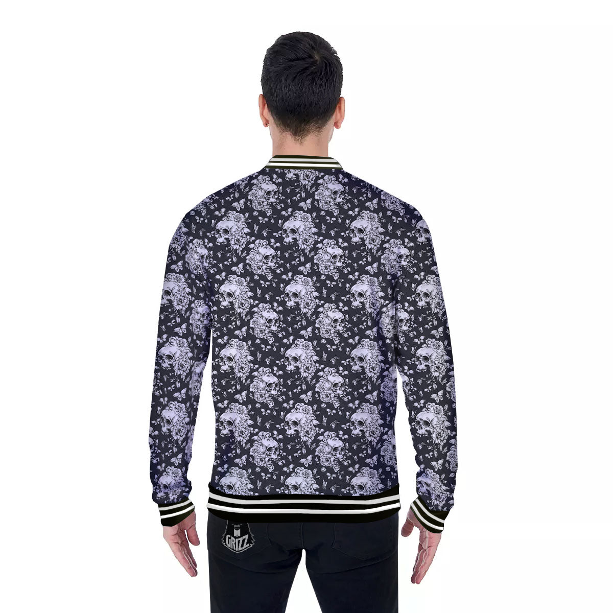 Flowers Skull Monochrome Print Pattern Baseball Jacket-grizzshop