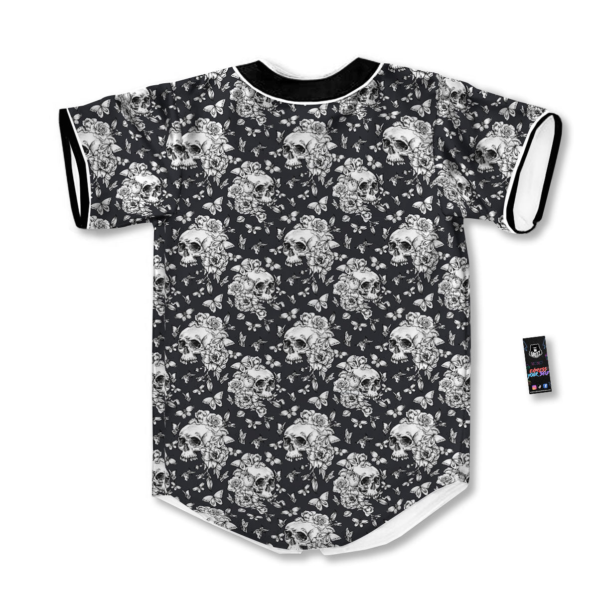 Flowers Skull Monochrome Print Pattern Baseball Jersey-grizzshop