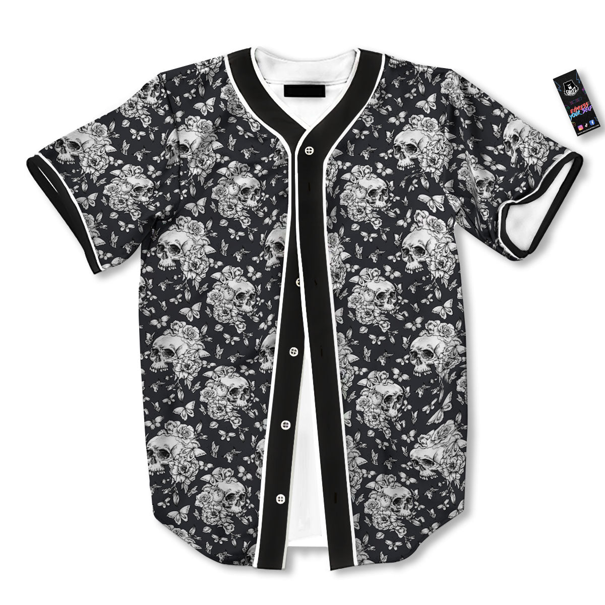 Flowers Skull Monochrome Print Pattern Baseball Jersey-grizzshop