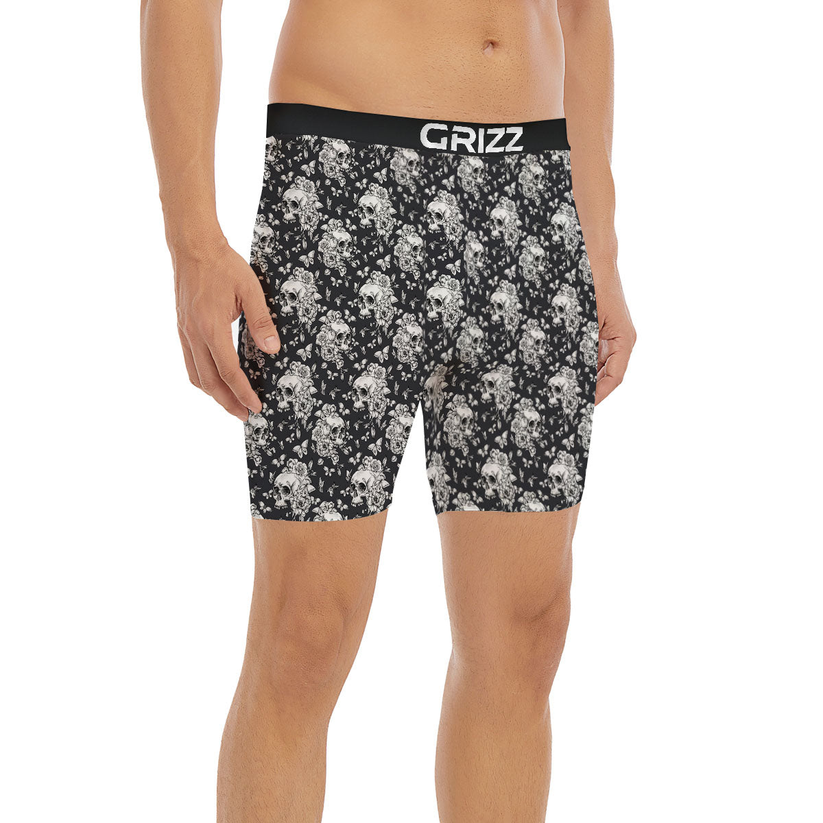 Flowers Skull Monochrome Print Pattern Boxer Briefs-grizzshop