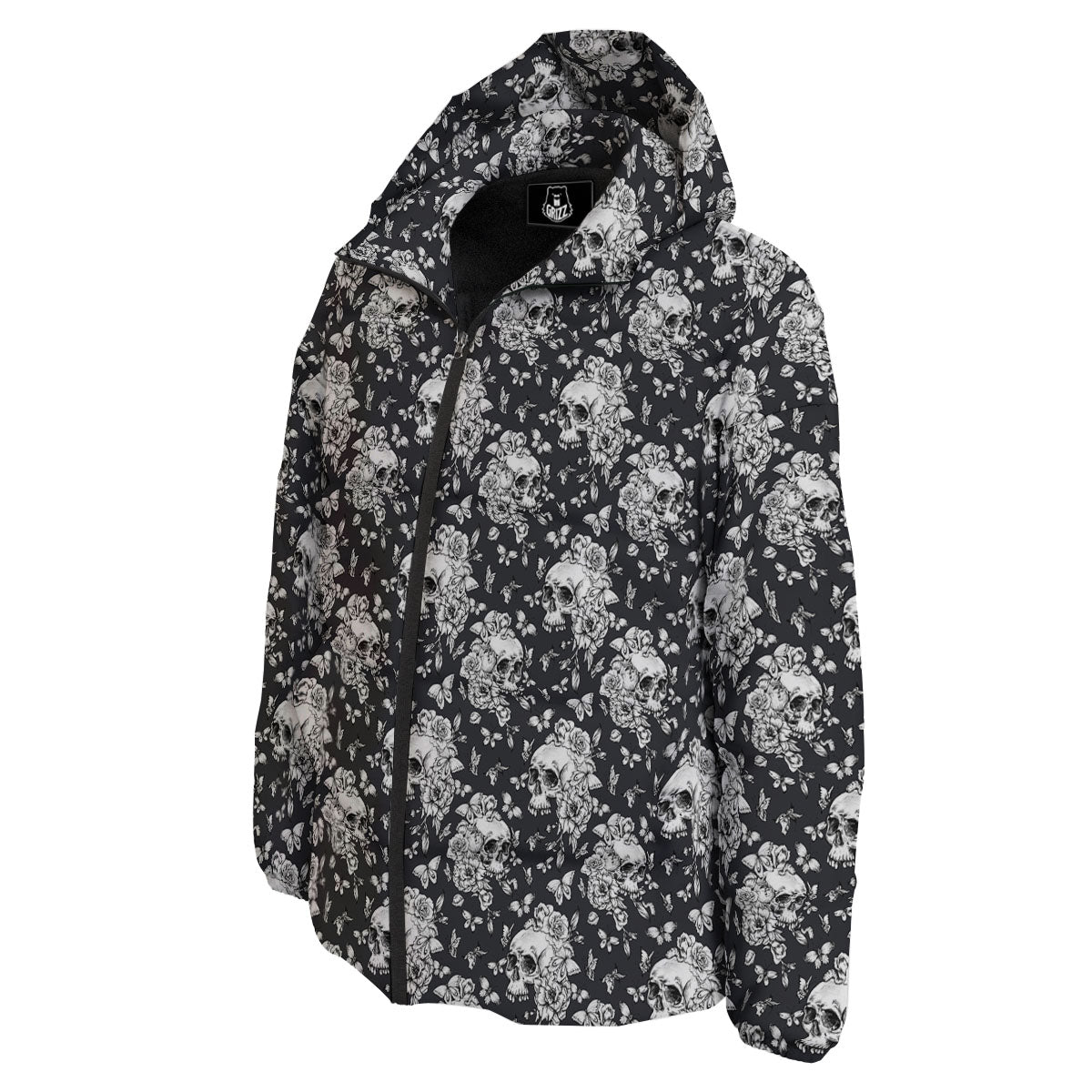 Flowers Skull Monochrome Print Pattern Down Jacket-grizzshop