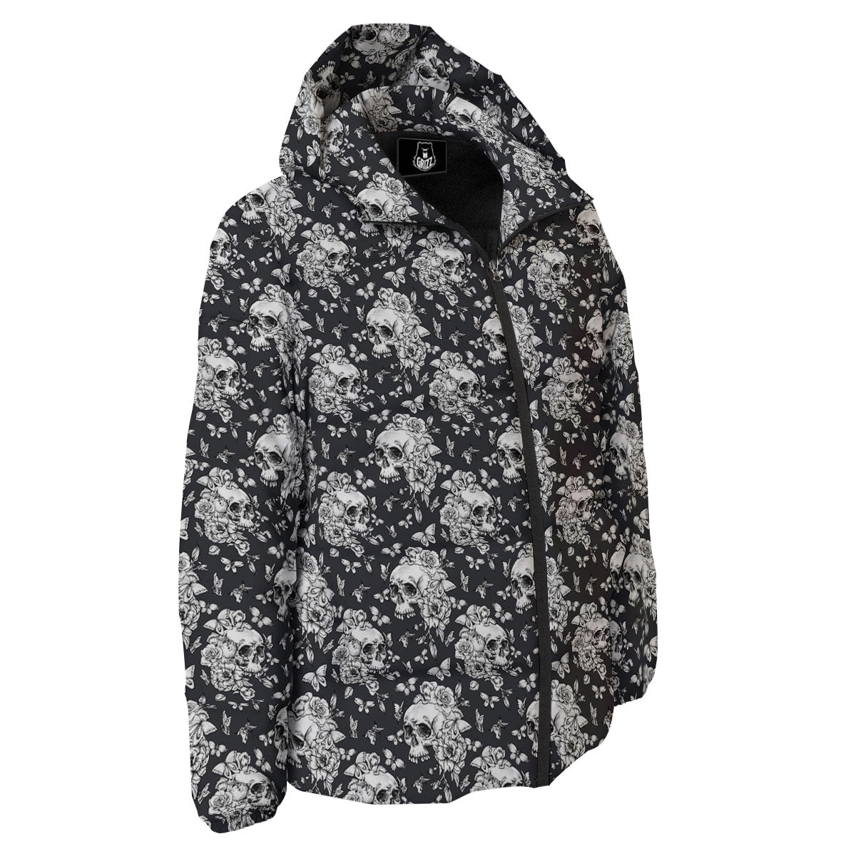 Flowers Skull Monochrome Print Pattern Down Jacket-grizzshop