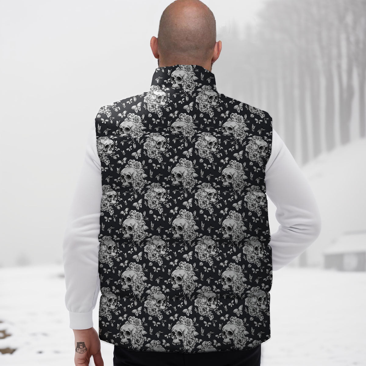 Flowers Skull Monochrome Print Pattern Down Vest-grizzshop
