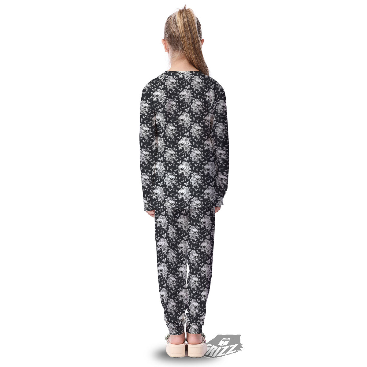 Flowers Skull Monochrome Print Pattern Kid's Pajamas-grizzshop