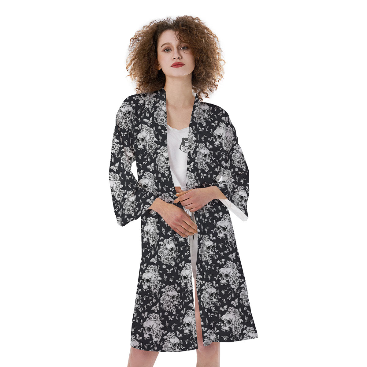 Flowers Skull Monochrome Print Pattern Kimono-grizzshop