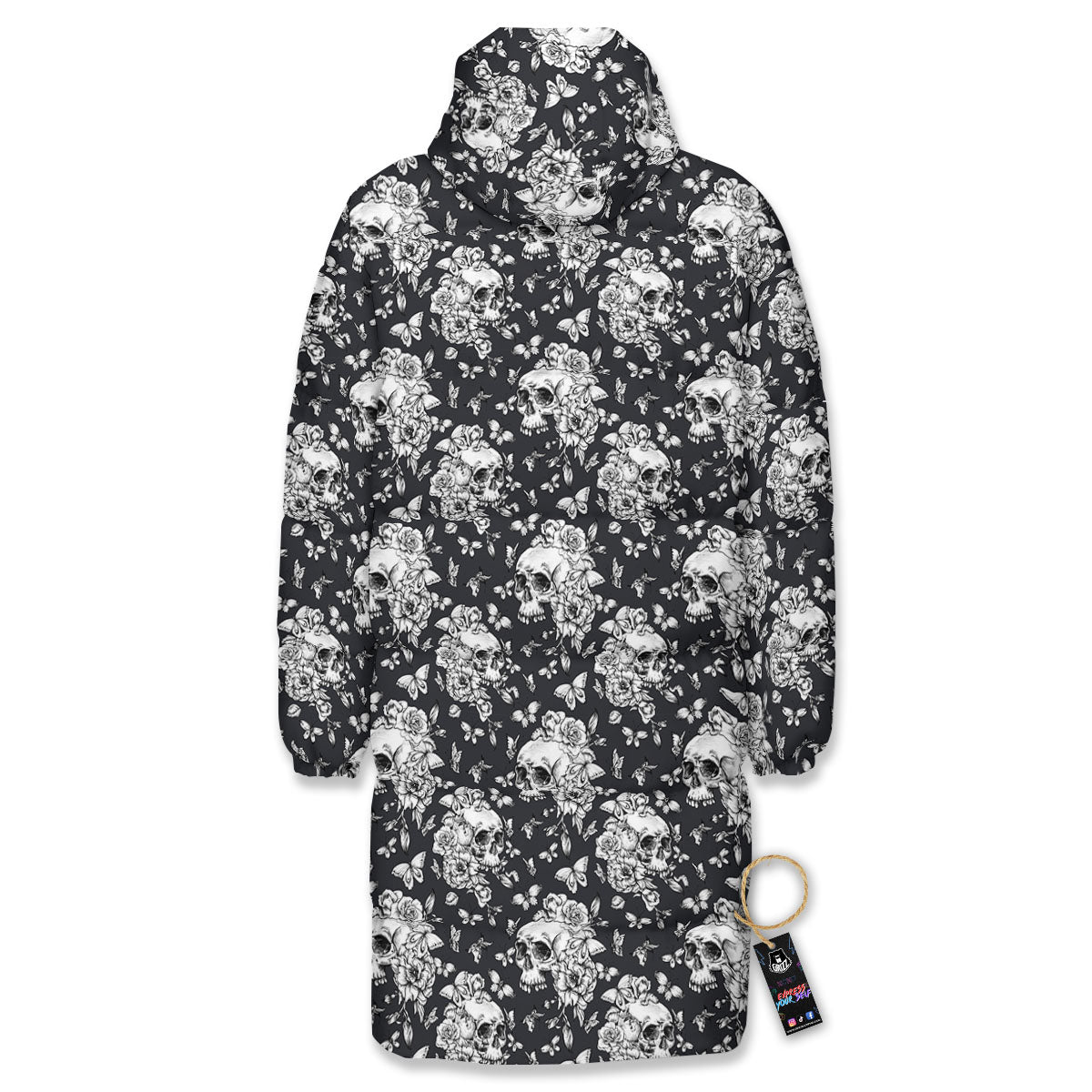 Flowers Skull Monochrome Print Pattern Long Down Jacket-grizzshop