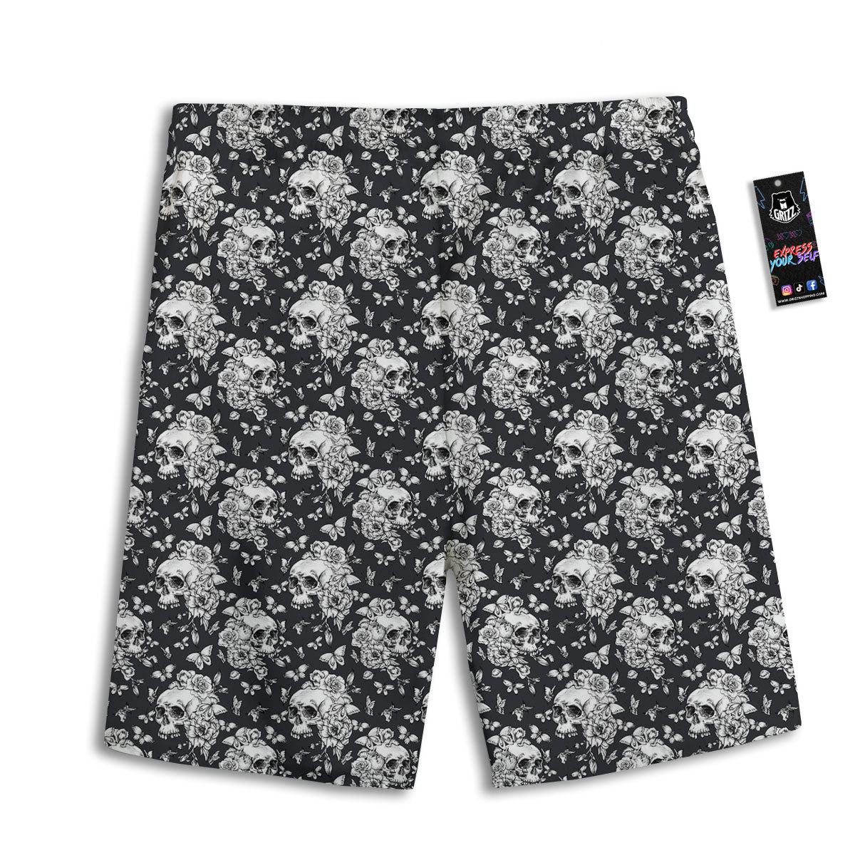 Flowers Skull Monochrome Print Pattern Men's Athletic Shorts