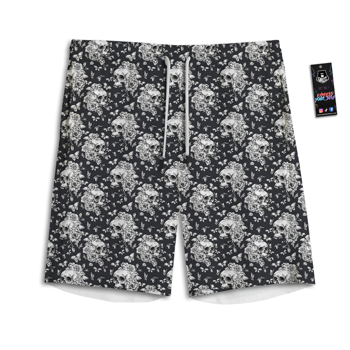 Flowers Skull Monochrome Print Pattern Men's Athletic Shorts