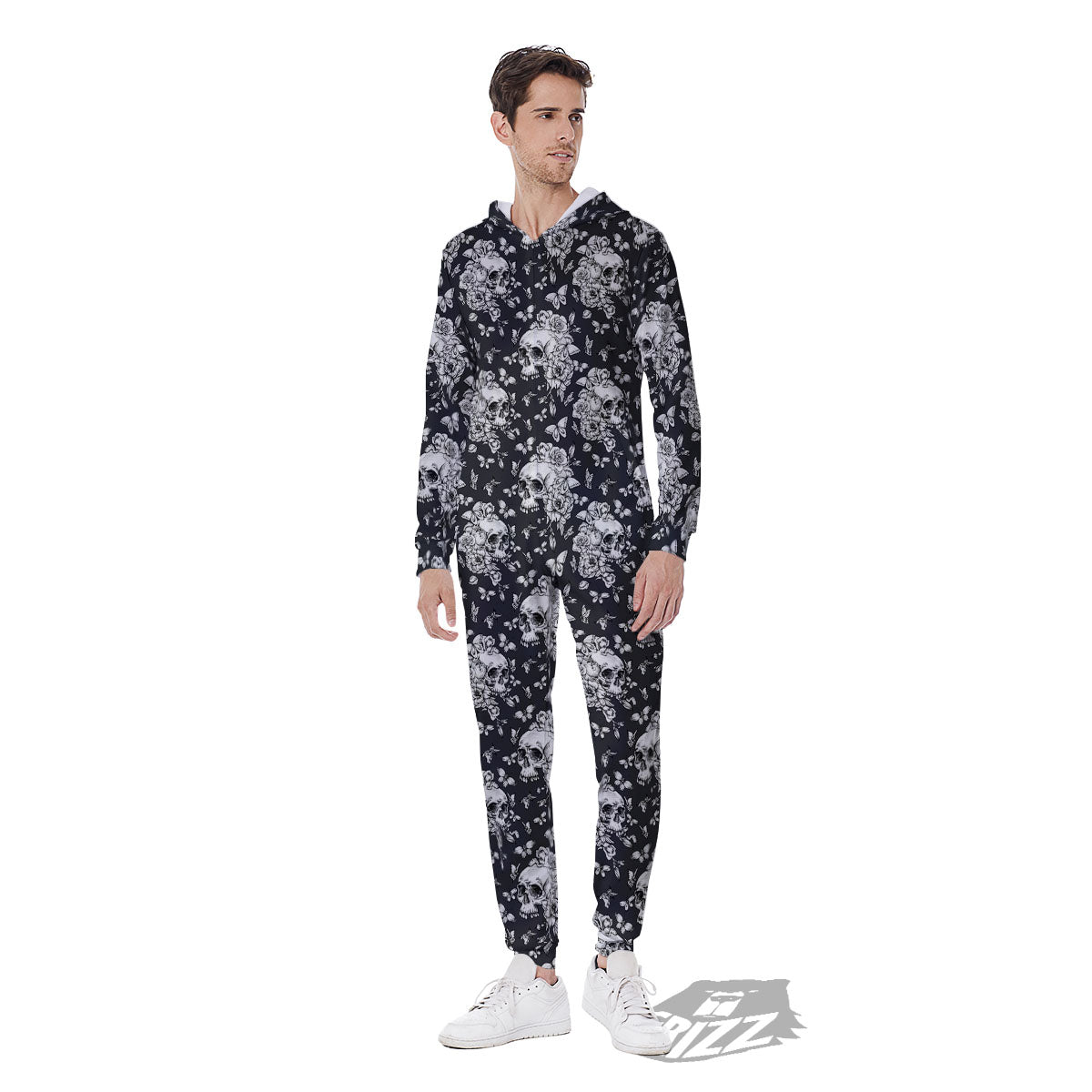 Flowers Skull Monochrome Print Pattern Men's Jumpsuit-grizzshop